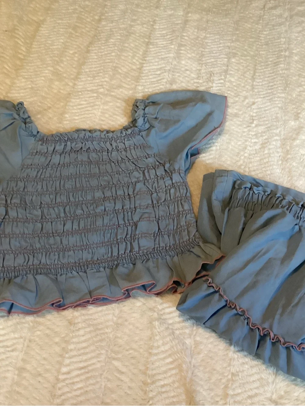 Girls Sz 10 Lemon Kiss Denim Shirt/skirt Matching Smocked Blue/pink Skirt Set
